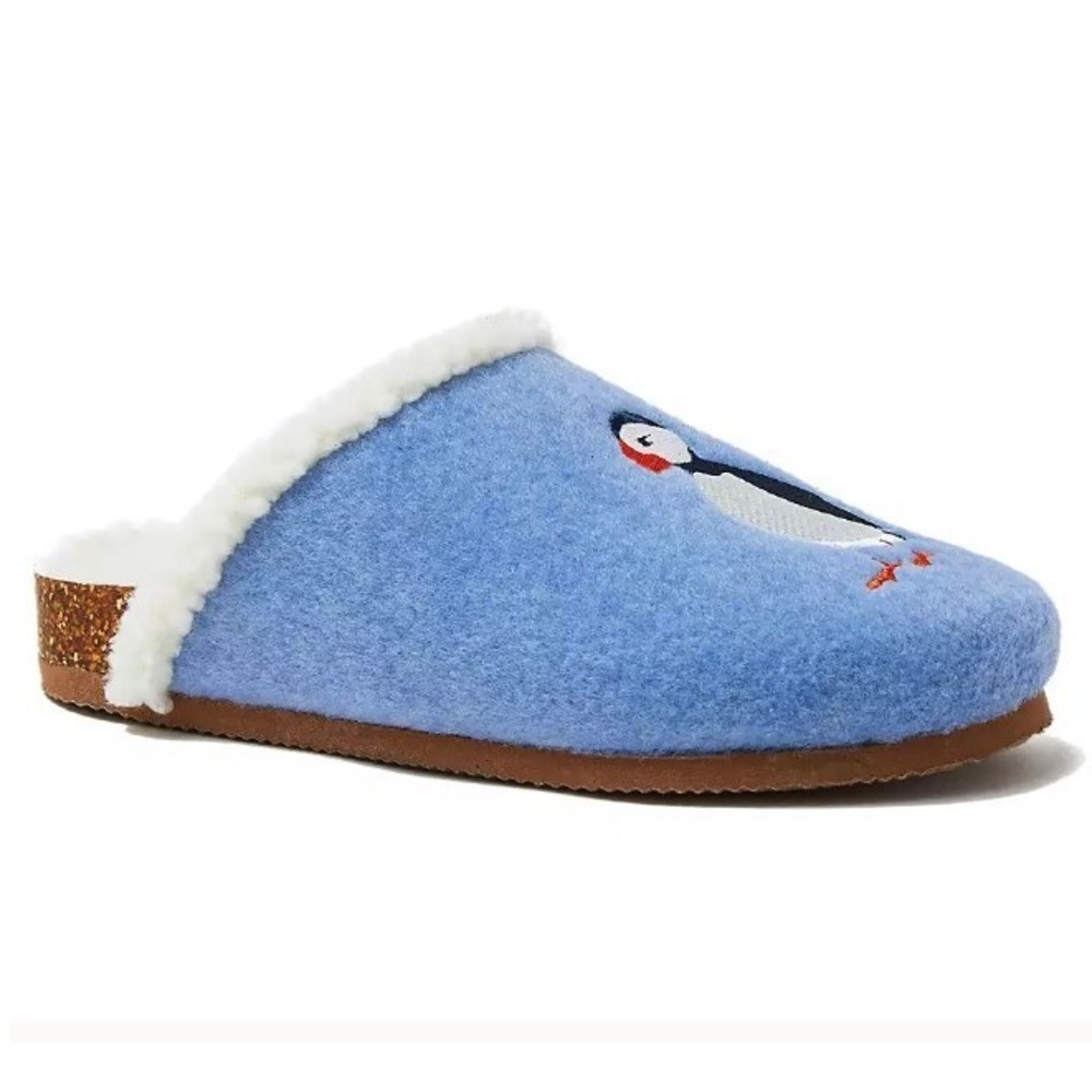 Lands End Womens 9‎ Persian Blue Puffins Sherpa Lined Felt Clog House Slippers - Picture 2 of 5